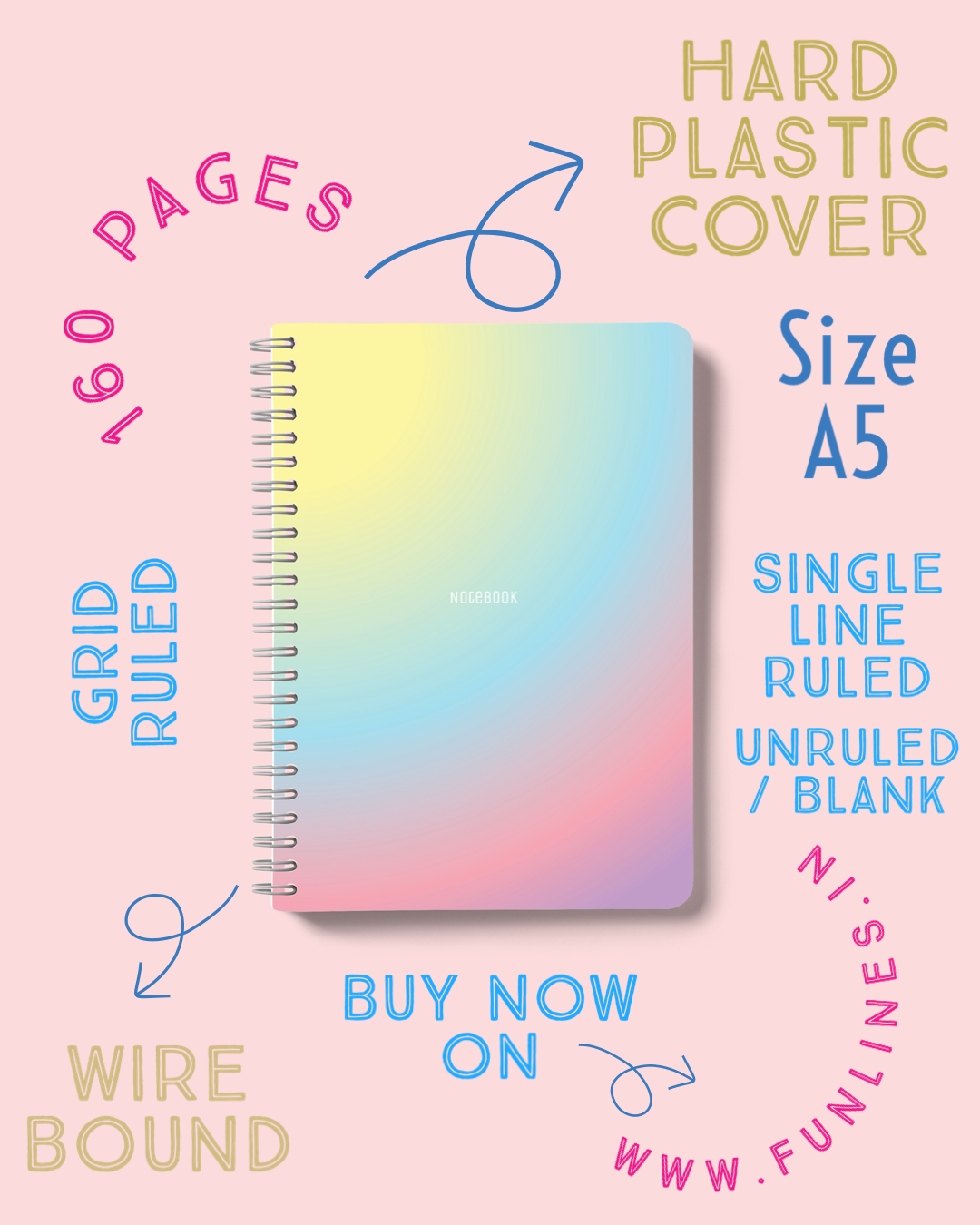 Soft Touch Solid Plastic Cover Notebooks - A5 - 160 Pages