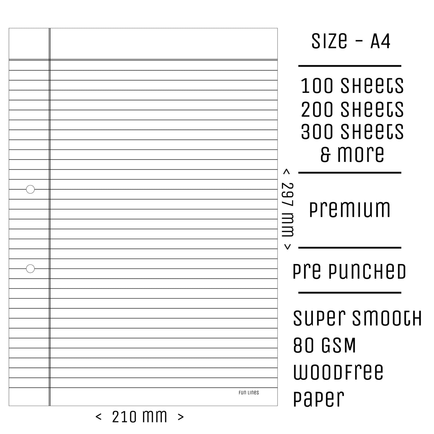 Pre Punched Ruled A4 sheets - Pack of 100