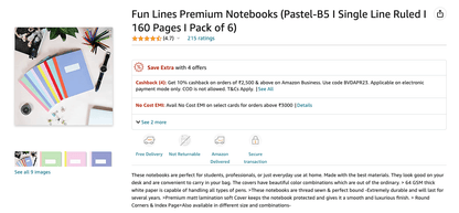 B5 Student Notebooks - 24 x 18 cm - Pack of 6 - Fun Lines